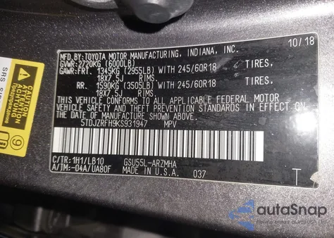 2019 Toyota Highlander Xle z USA, uszkodzony, nr VIN 5TDJZRFH9KS931947